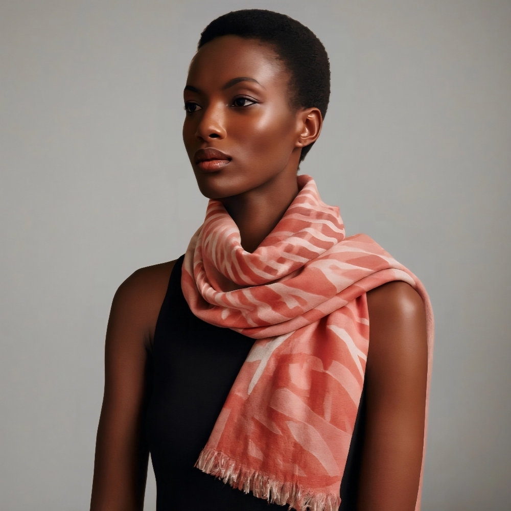 Sophisticated Summer Artistic Large Oblong Coral Ivory Scarf Wrap - Worn Once!!